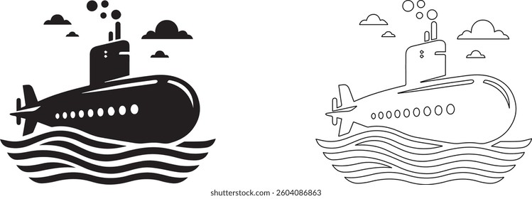SUBMARINE UNDERWATER, Two set of SUBMARINE in one frame, SUBMARINE UNDERWATER silhouette vector art illustration isolated on white background.