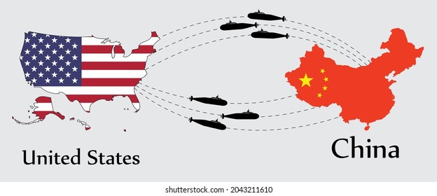 Submarine from United States to China and from China to United States. Concept a war between both country. And flags symbol on maps. EPS.file.