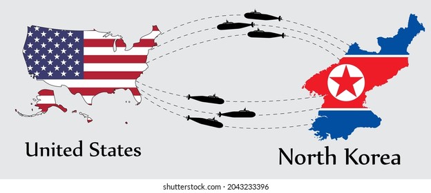 Submarine from United States to North Korea and from North Korea to United States. Concept a war between both country. And flags symbol on maps. EPS.file.