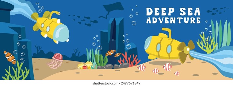 Submarine vector art. Deep sea illustration. Sea plants collection. Fish vector illustration. Submarine in the deep ocean. Nemo fish. Submarine underwater. Submarine ship. 