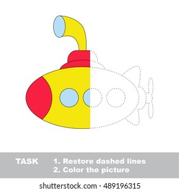 Submarine in vector to be traced. Restore dashed line and color the picture. The tracing game for preschool children with easy game level.