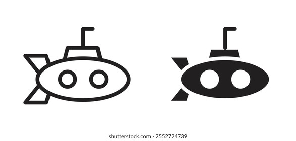 Submarine vector icon set black filled and outlined style.