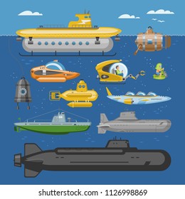 Submarine vector sea pigboat or marine sailboat underwater and ship transport in deep ocean illustration nautical set of shipping boat with periscop transportation isolated on background