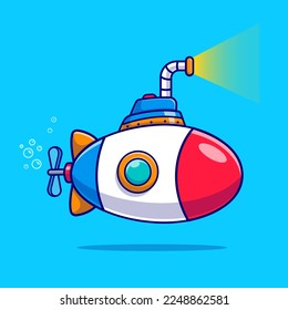 Submarine Vehicle Underwater Cartoon Vector Icon Illustration. Transportation Object Icon Concept Isolated Premium Vector. Flat Cartoon Style