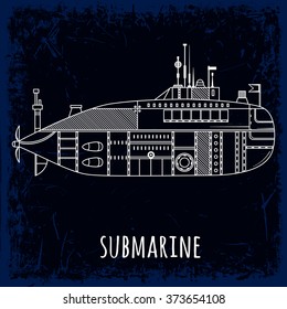 Submarine. Vintage hand drawn vector illustration in line art style on grunge background