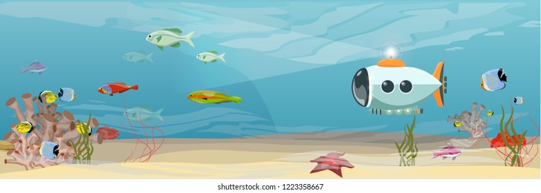 A submarine in warm tropical water. Fish, algae, corals, sponges and starfish. Underwater seascape. Science and oceanography. Realistic Vector Landscape