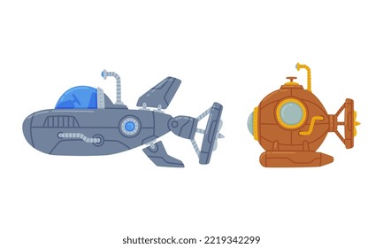 Submarine Watercraft with Porthole Swimming Underwater Vector Set