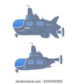 Submarine Watercraft with Porthole Swimming Underwater Vector Set