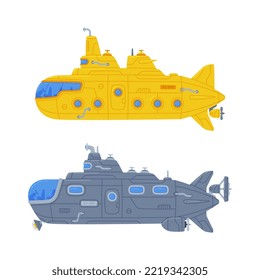 Submarine Watercraft with Porthole Swimming Underwater Vector Set