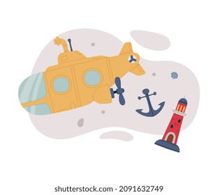 Submarine as Watercraft or Swimming Water Vessel with Lighthouse and Anchor Vector Composition