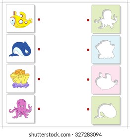 Submarine, whale, coral and octopus. Educational game for kids about underwater and ocean floor. Choose the correct silhouettes on the opposite side and connect the points