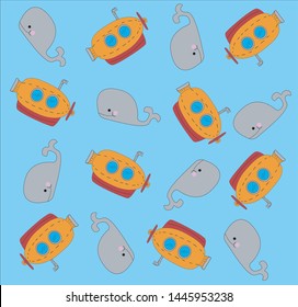 
submarine and whale hand drawn pattern