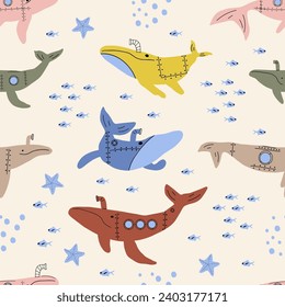 Submarine Whales. Vector colored childish seamless pattern with whales in scandinavian style. Cute kids background