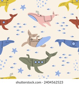 Submarine Whales. Vector colored childish seamless pattern with whales in scandinavian style. Cute kids background