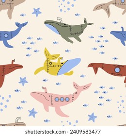 Submarine Whales. Vector colored childish seamless pattern with whales in scandinavian style. Cute kids background