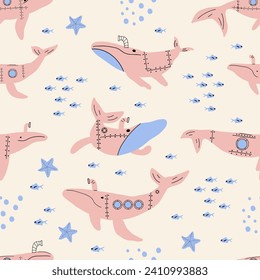 Submarine Whales. Vector colored childish seamless pattern with whales in scandinavian style. Cute kids background