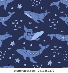 Ballenas submarinas. Patrón sin costuras infantil de color vectorial con ballenas al estilo escandinavo. Fondo de niños pequeños