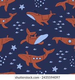 Submarine Whales. Vector colored childish seamless pattern with whales in scandinavian style. Cute kids background