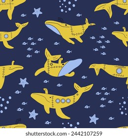 Submarine Whales. Vector colored childish seamless pattern with whales in scandinavian style. Cute kids background