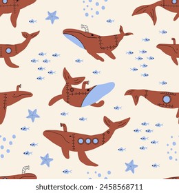 Submarine Whales. Vector colored childish seamless pattern with whales in scandinavian style. Cute kids background