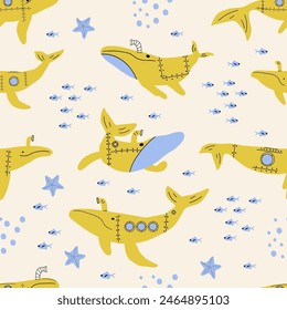 Submarine Whales. Vector colored childish seamless pattern with whales in scandinavian style. Cute kids background