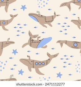 Submarine Whales. Vector colored childish seamless pattern with whales in scandinavian style. Cute kids background