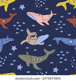 Submarine Whales. Vector colored childish seamless pattern with whales in scandinavian style. Cute kids background