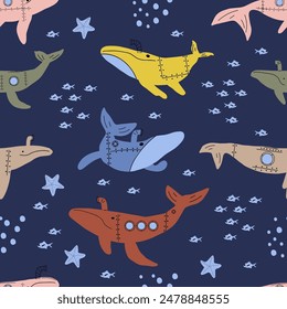 Submarine Whales. Vector colored childish seamless pattern with whales in scandinavian style. Cute kids background