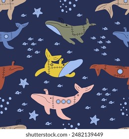 Submarine Whales. Vector colored childish seamless pattern with whales in scandinavian style. Cute kids background