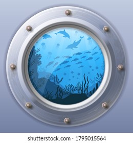 Submarine window view. Vector window view, porthole round from underwater boat illustration, fuselage rounded