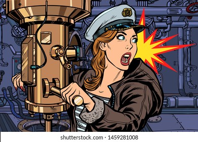 submarine a woman captain, battle alert. Pop art retro vector illustration vintage kitsch