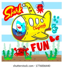 submarine Yellow descends  on a tropical sea to explore and be fun shark Cute With friends in the water. Underwater seascape. Science and oceanography. Vector  Striped background.