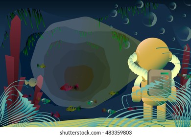 Submariner vector image. Sea explorer in deep water lights the way into the dark tunnel with  colorful fishes, corals, water plants and air bubbles.