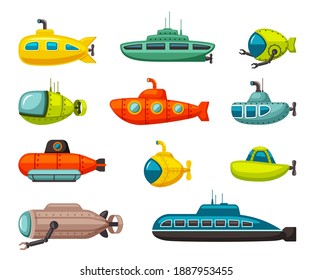 Submarines and bathyscaphes set. Red vehicle with robotic arms and military with scanning antennas yellow scuba floats with propellers round portholes fun underwater exploration. Vector cartoon.