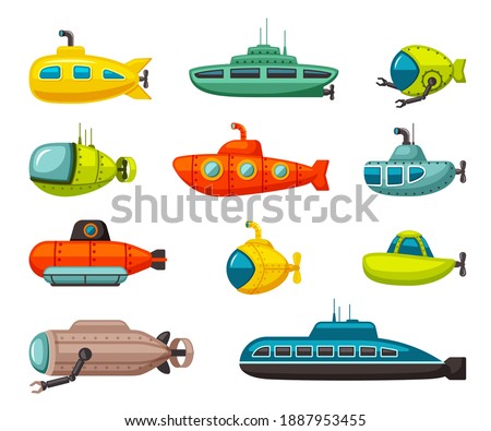 Submarines and bathyscaphes set. Red vehicle with robotic arms and military with scanning antennas yellow scuba floats with propellers round portholes fun underwater exploration. Vector cartoon.