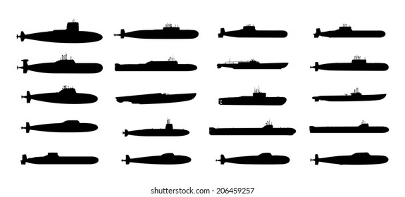 Submarines black silhouettes set. Isolated on white background. Vector EPS10.  