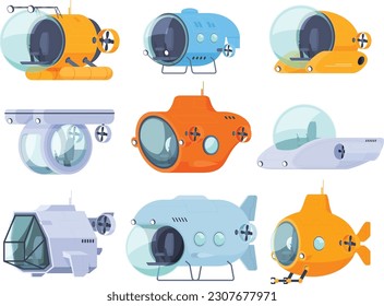 Submarinos al estilo de las caricaturas. Exploración de profundidades acuáticas, barcos turísticos para explorar el fondo del mar. Ilustración del vector