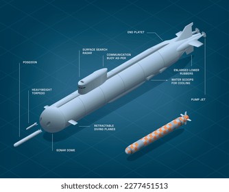 Composición isométrica submarina con imágenes aisladas de naves de cohetes y submarinas con subtítulos de texto editables adjunto ilustración vectorial