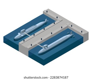 Composición isométrica de submarinos con visión aislada de la parte de atrás sobre el fondo en blanco con dos artesanías colocadas como ilustración vectorial