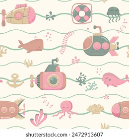 submarines and marine inhabitants Bright seamless pattern. Designed for printing, fabrics, textiles, postcards. Children's pattern with ships. Marine print. Submarine. Vector illustration