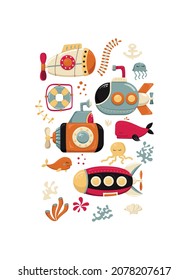 Submarines and marine inhabitants. Coloring. Designed for printing, fabrics, textiles, postcards. Marine print. Submarine. Vector illustration