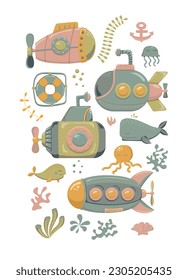 Submarines and marine inhabitants. Coloring. Designed for printing, fabrics, textiles, postcards. Marine print. Submarine. Vector illustration