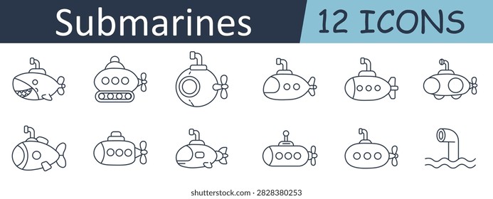 Submarines set icon. Underwater vessel, deep-sea explorer, marine transport, observation port, propeller engine, aquatic navigation, research craft, ocean technology, diving equipment, patrol vehicle