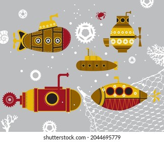 Submarines are stylized in a children's style. Suitable for posters, postcards and unique holiday decoration.