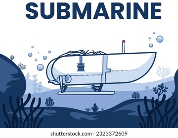 Submarine-Vector Illustration-ship sunk underwater expedition, sea, Bathyscaphe template for banner, poster, or flyer cover - flat vector. Marine life, fish, coral seaweed, nature,marine life. Explore