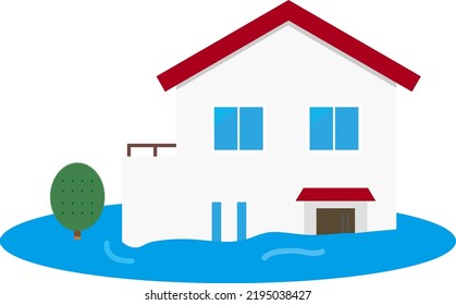 submerged house. It is vector illustration on white isolated background.