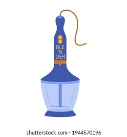 Submersible blender inserted into the chopper bowl. Cooking, kitchenware, electrical equipment. House technics concept. Vector illustration flat style