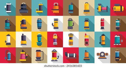 Submersible pump icons set flat vector. Motor machine. Electric equipment