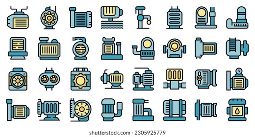 Submersible pump icons set outline vector. Water motor. Electric engine thin line color flat on white
