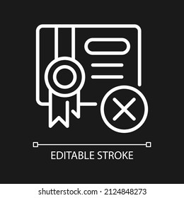 Submission decline white linear icon for dark theme. Thin line customizable illustration. Isolated vector contour symbol for night mode. Editable stroke. Pixel perfect. Arial font used